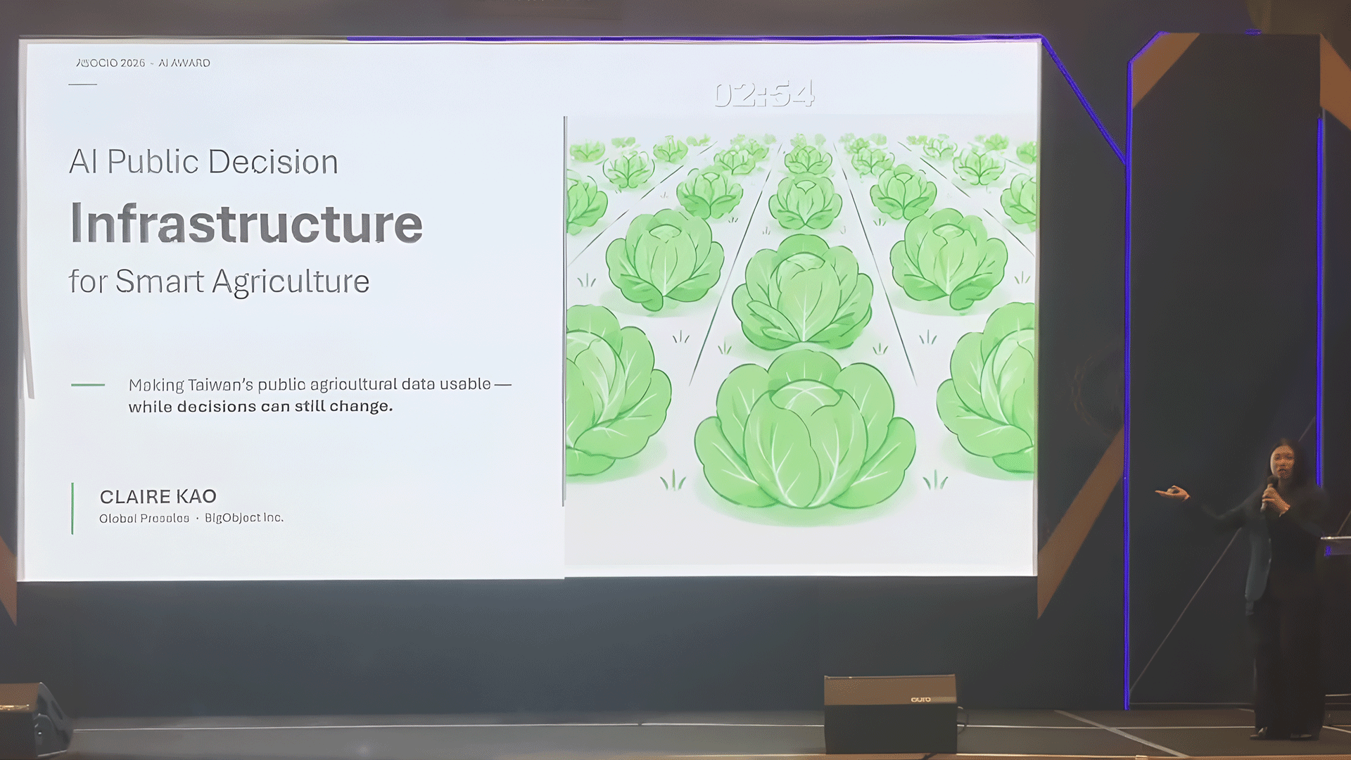 Claire Kao presenting how Aralia’s Agent-Ready Data Foundation supports smart agriculture at the ASOCIO Digital & AI Summit 2026.