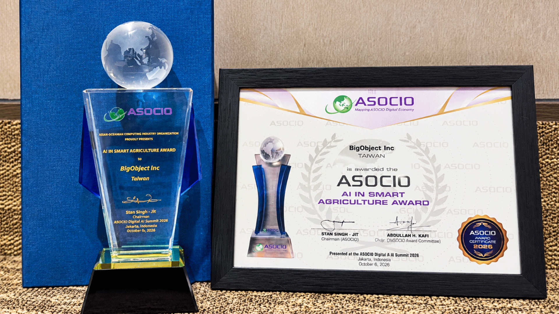 2026 ASOCIO AI in Smart Agriculture Award trophy and certificate presented to BigObjec